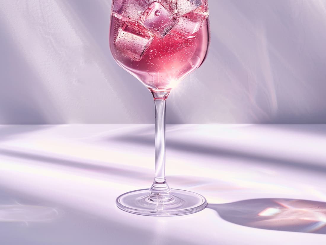Sparkling pink spritz served in a wine glass over ice.